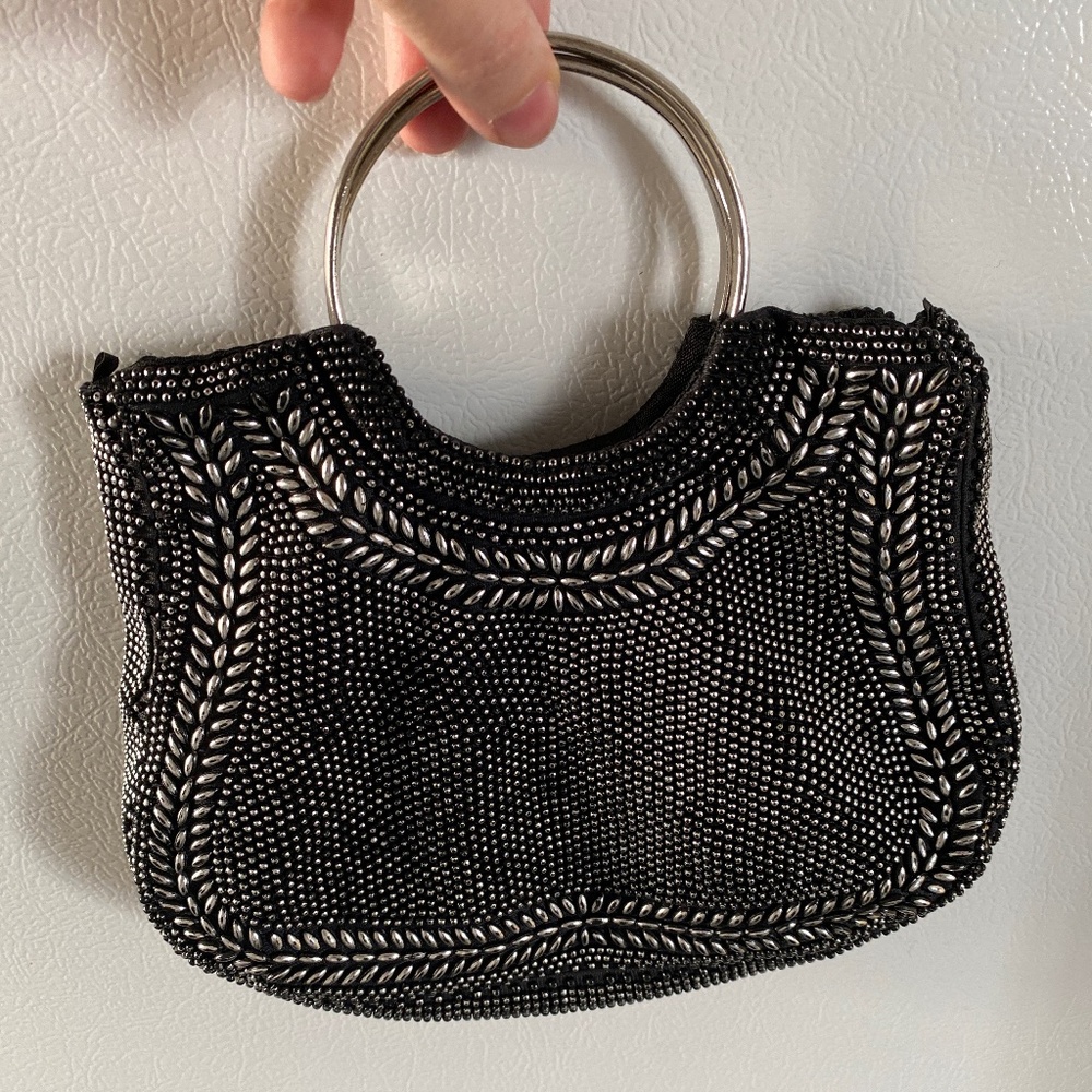 Vintage Beaded Evening Hoop Handle Mini Bag Black Unique 90s Hangbag Clutch